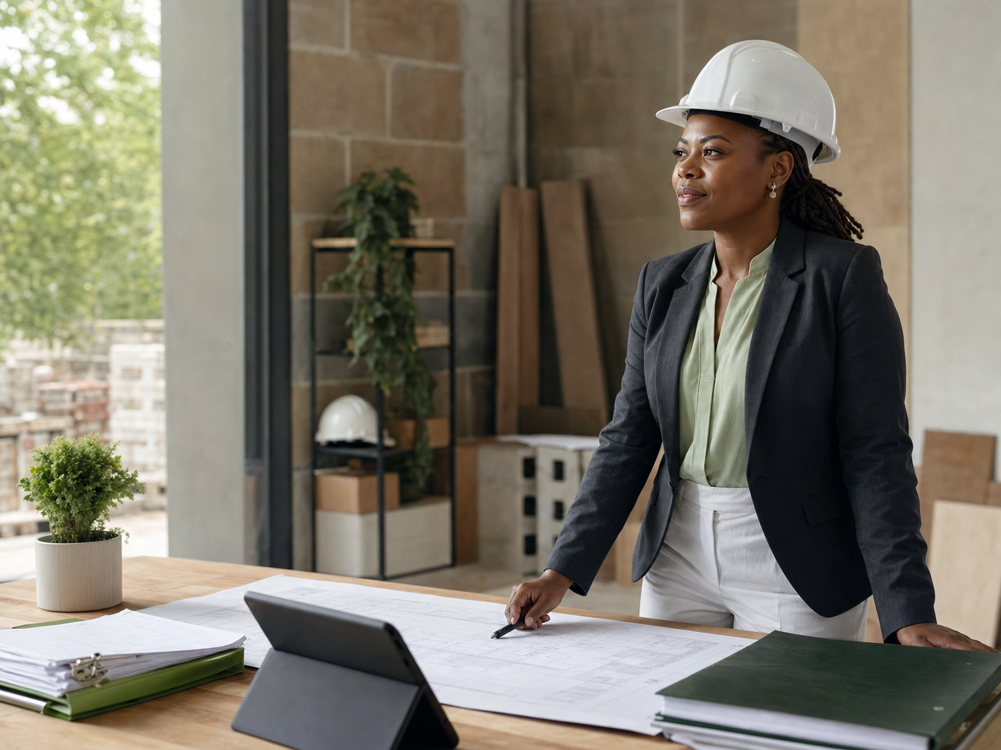 Black female business leader reviewing project plans at a work table