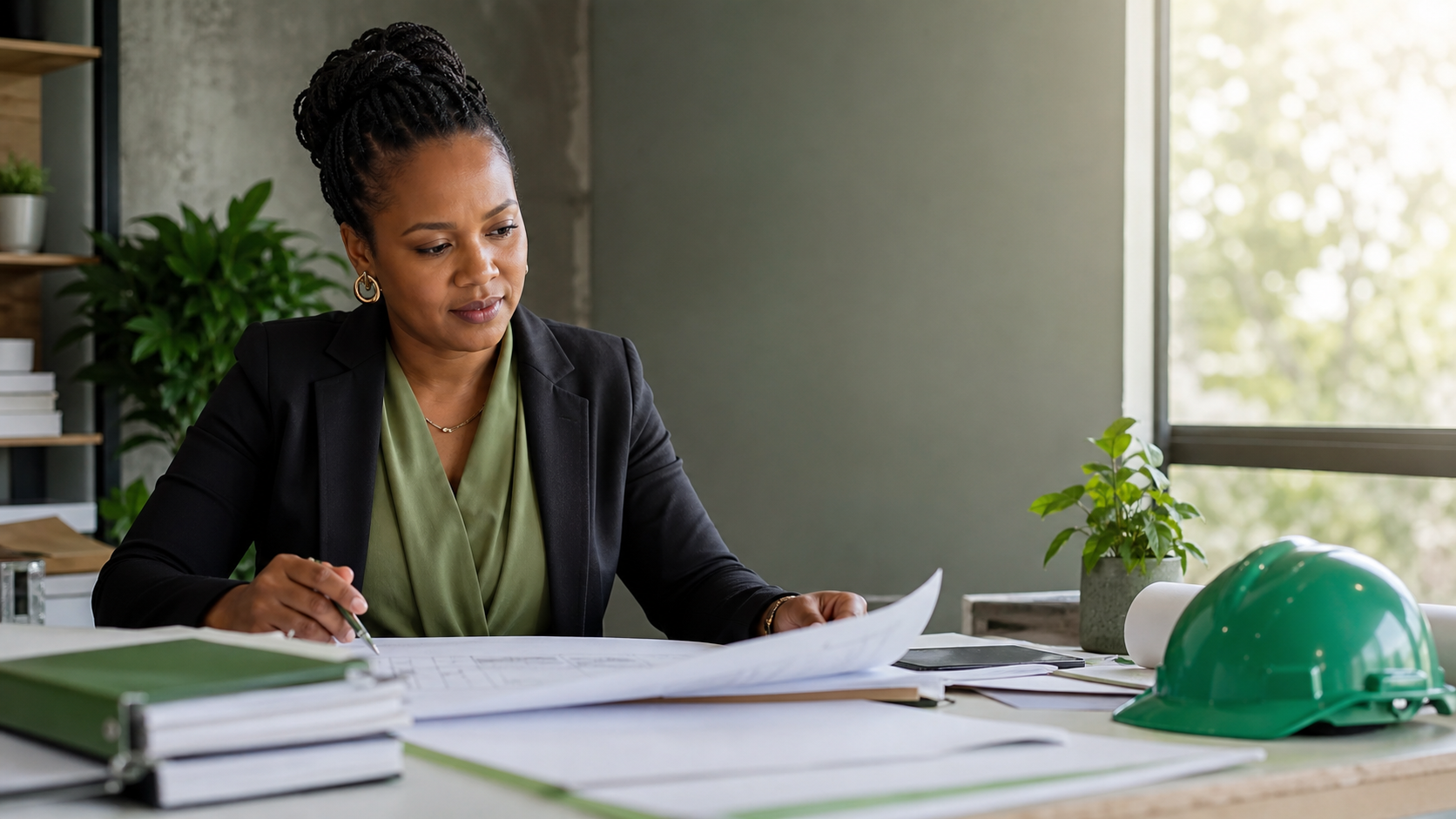 Black female business leader reviewing project plans