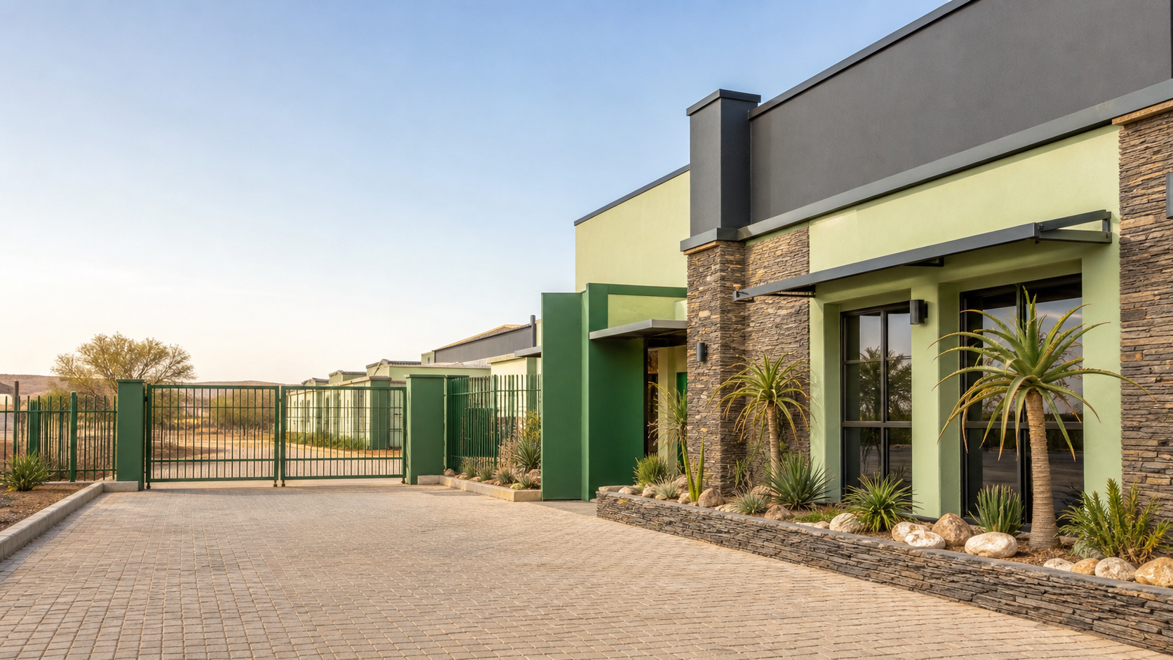 Welcoming green business frontage in a dry Northern Cape setting