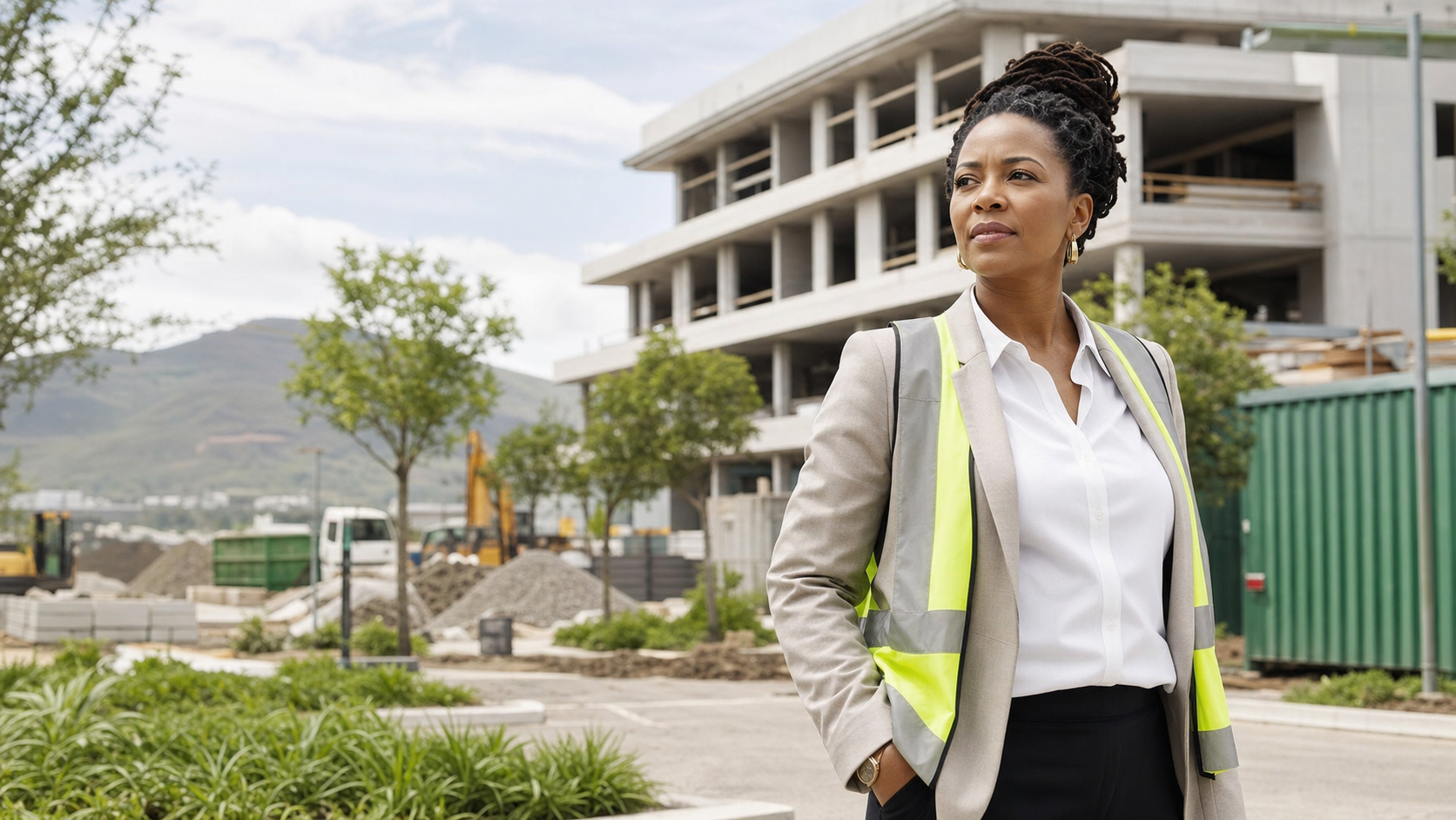 Black female construction business leader at an organized worksite