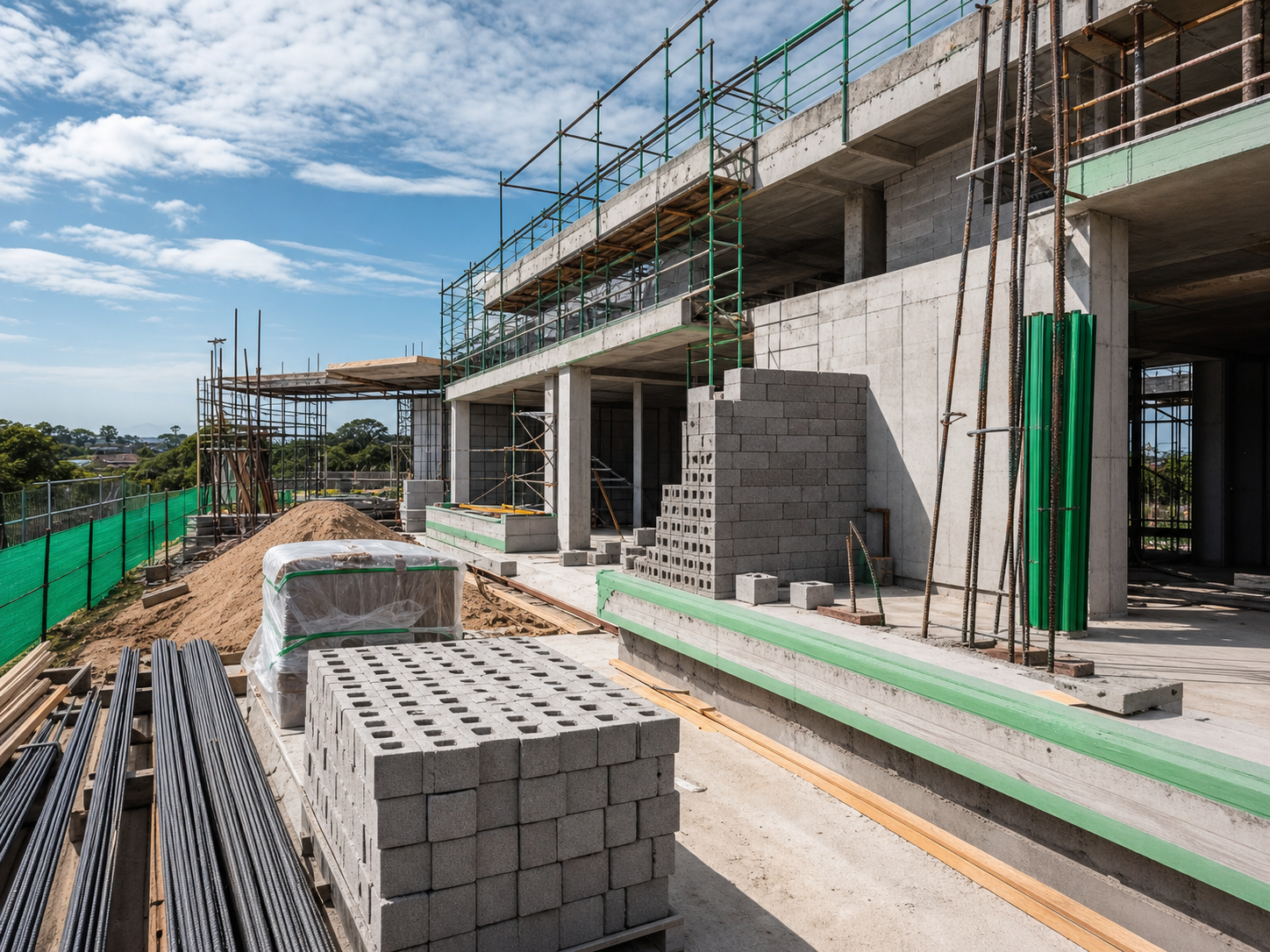 Organized construction site with concrete structure and stacked building materials