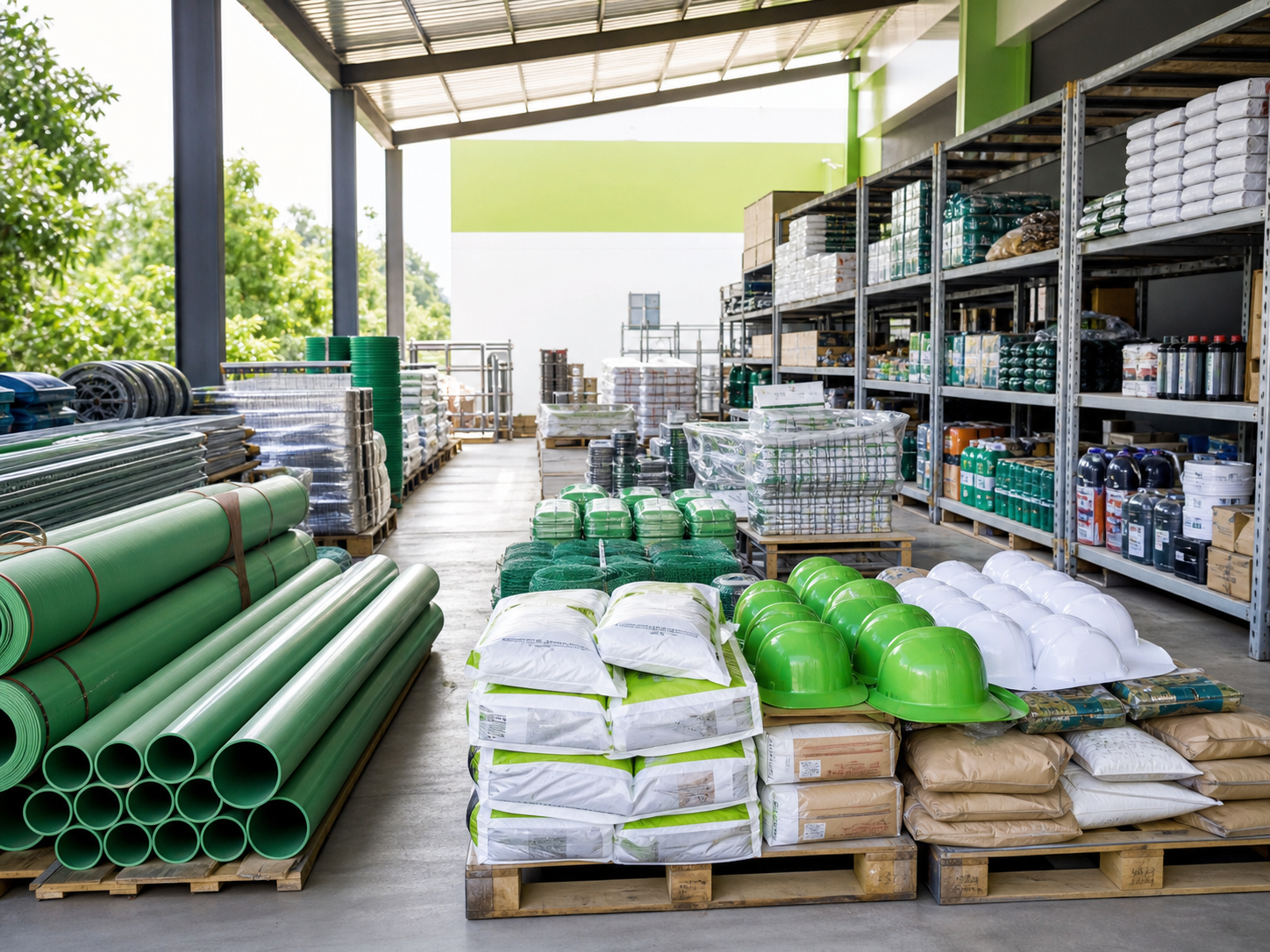 Organized supply warehouse with construction materials and safety goods