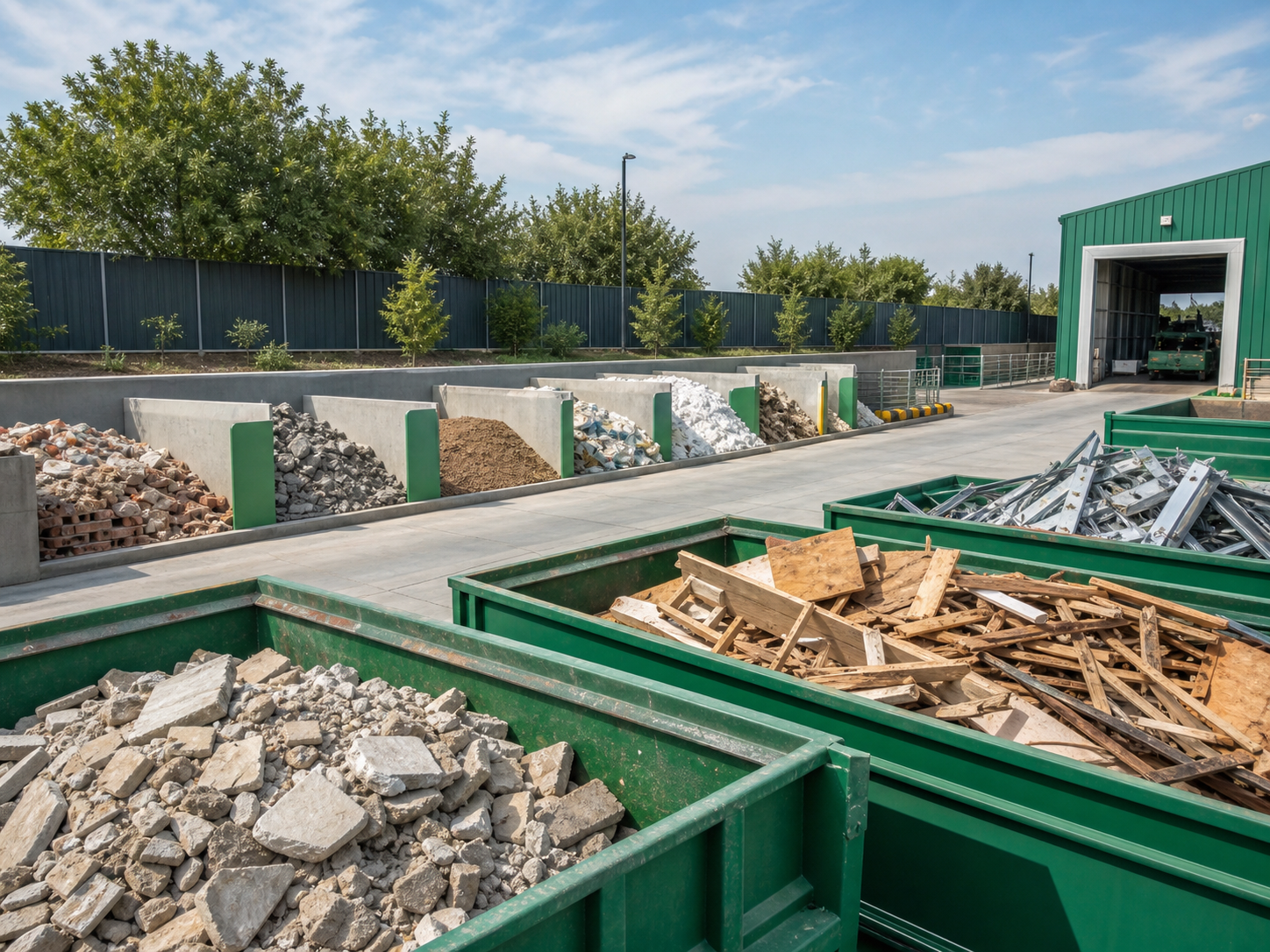 Clean waste management yard with green skips and separated materials